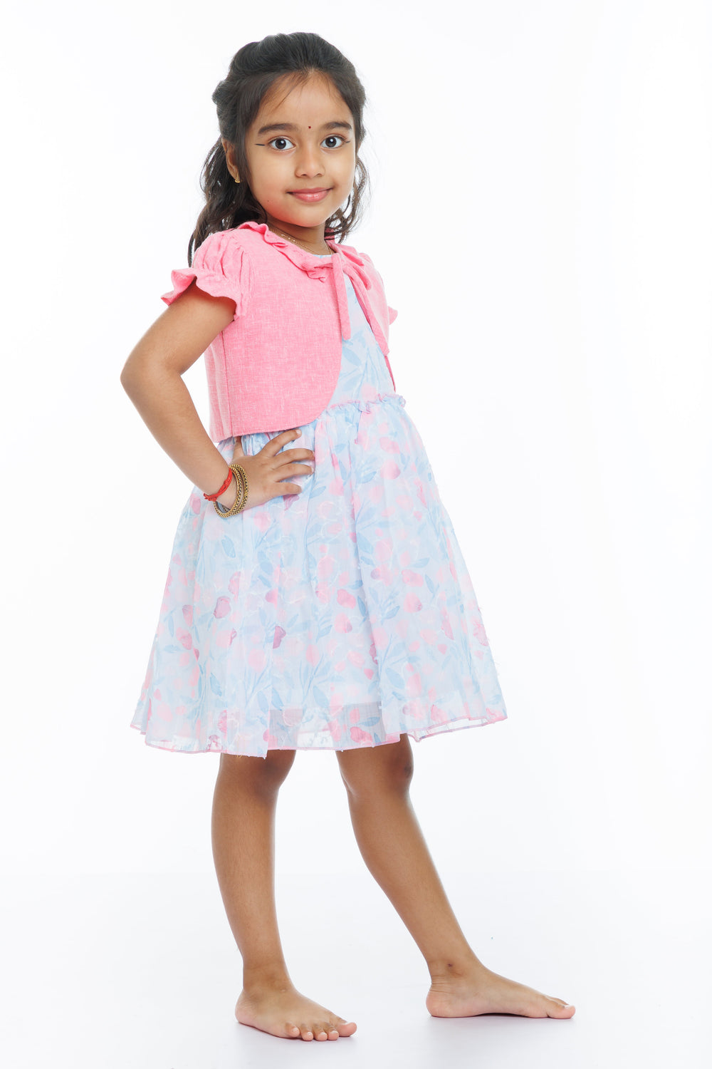 The Nesavu Girls Fancy Frock Blushing Petals Pink Frock with Sheer Floral Jacket for Girls Nesavu Girls Pink Sheer Jacket & Floral Dress - Stylish & Delicate | The Nesavu