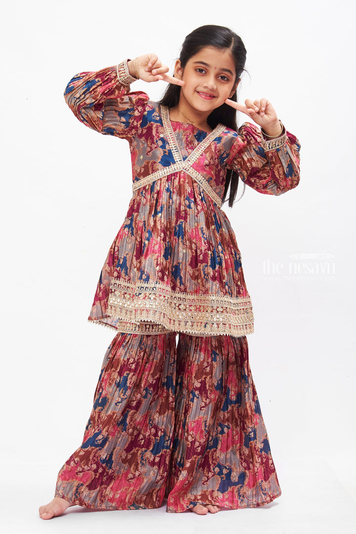 The Nesavu Girls Sharara / Plazo Set Bohemian Bliss Aliacut Kurti with Palazzo Pant Set for Girls Nesavu 24 (5Y) / multicolor GPS278A-24 Girls Bohemian Aliacut Kurti & Palazzo Set | Ethnic Wear with a Modern Twist | The Nesavu