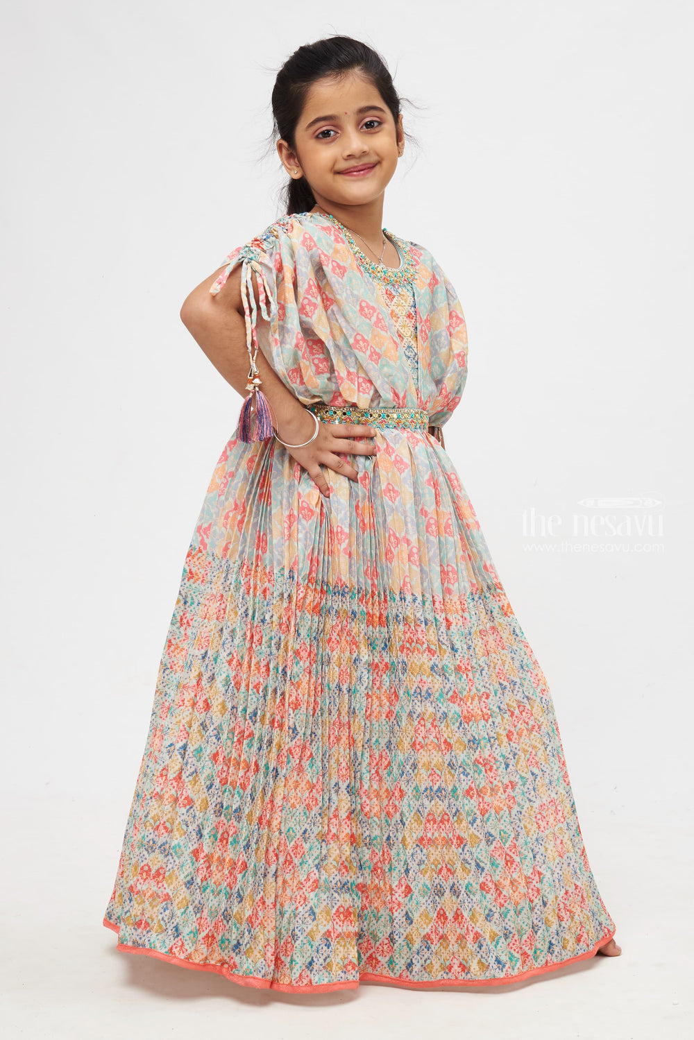 The Nesavu Girls Party Gown Bohemian Bliss: Multicolored Geometric Mosaic Anarkali with Bejeweled Neckline and Tassel Accents Nesavu Elegance Reimagined | Premium Anarkali Gowns Collection | The Nesavu