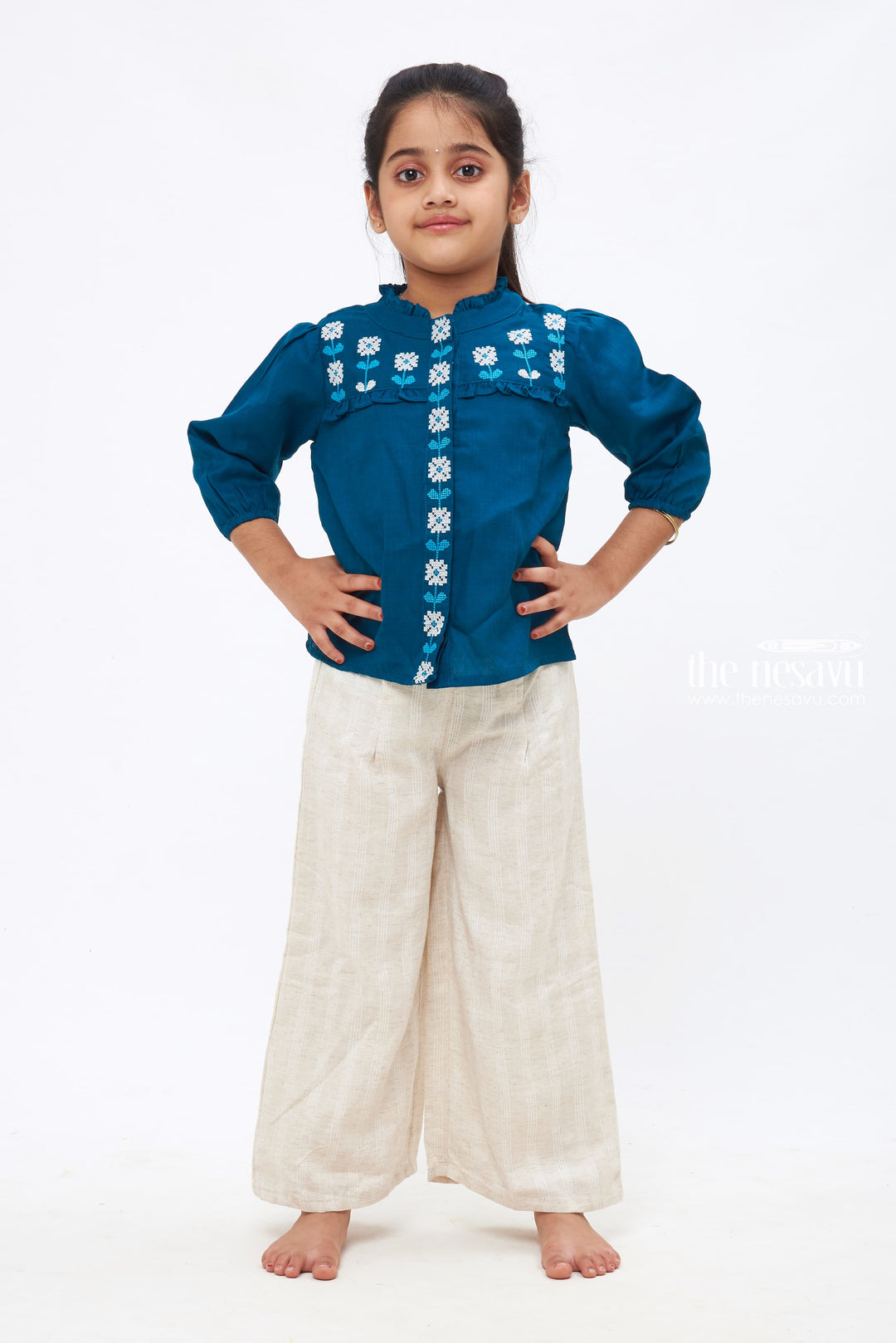 The Nesavu Girls Sharara / Plazo Set Bohemian Bliss - Teal Embroidered Top & Linen Culottes Duo Nesavu 24 (5Y) / Blue / Cotton GPS234A-24 Fashionable Embroidered Children's Wear with Palazzos | Exclusive Collection | The Nesavu