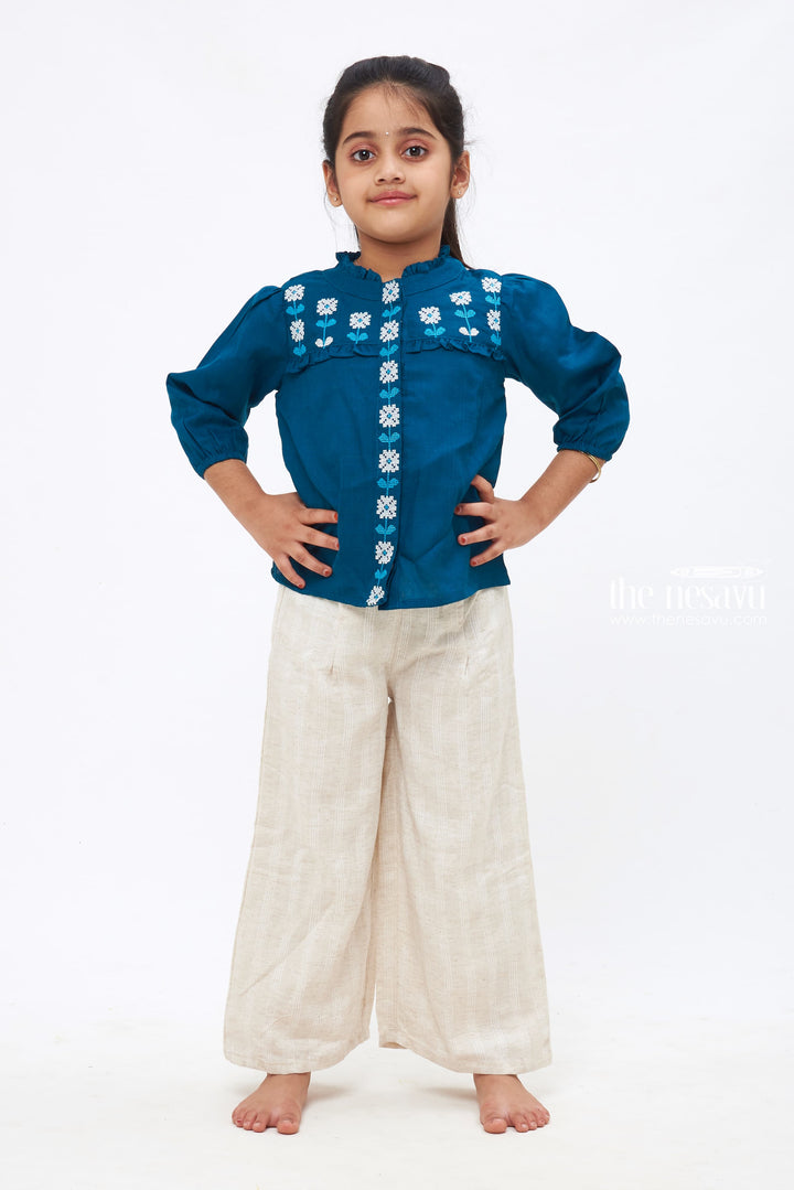 The Nesavu Girls Sharara / Plazo Set Bohemian Bliss - Teal Embroidered Top & Linen Culottes Duo Nesavu 24 (5Y) / Blue / Cotton GPS234A-24 Fashionable Embroidered Children's Wear with Palazzos | Exclusive Collection | The Nesavu