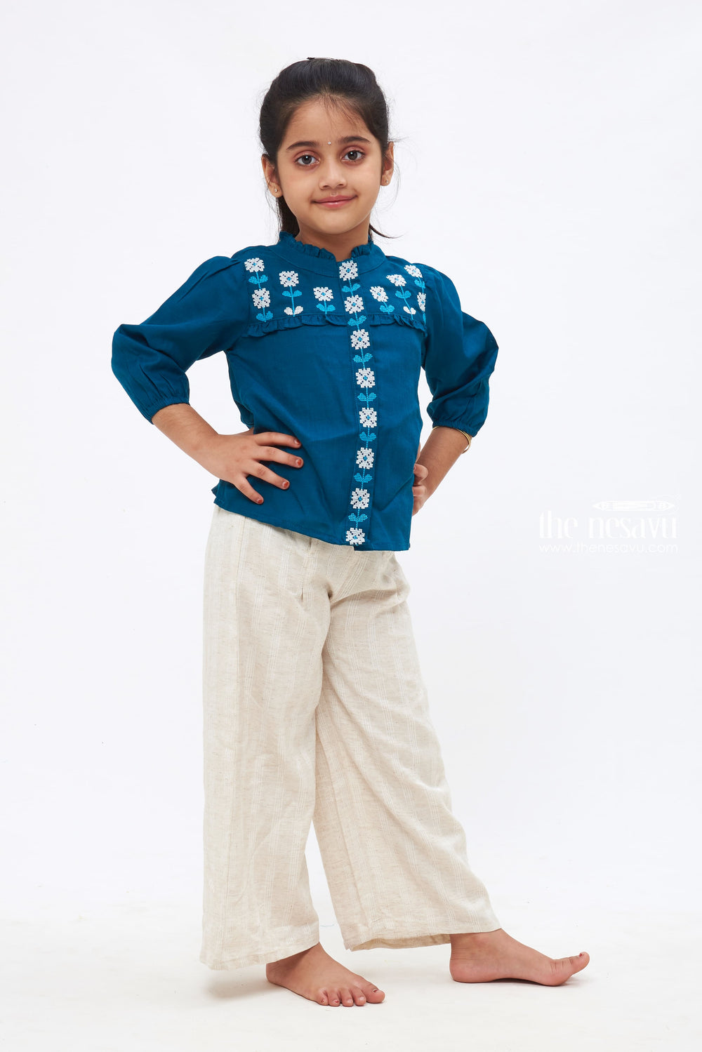 The Nesavu Girls Sharara / Plazo Set Bohemian Bliss - Teal Embroidered Top & Linen Culottes Duo Nesavu Fashionable Embroidered Children's Wear with Palazzos | Exclusive Collection | The Nesavu