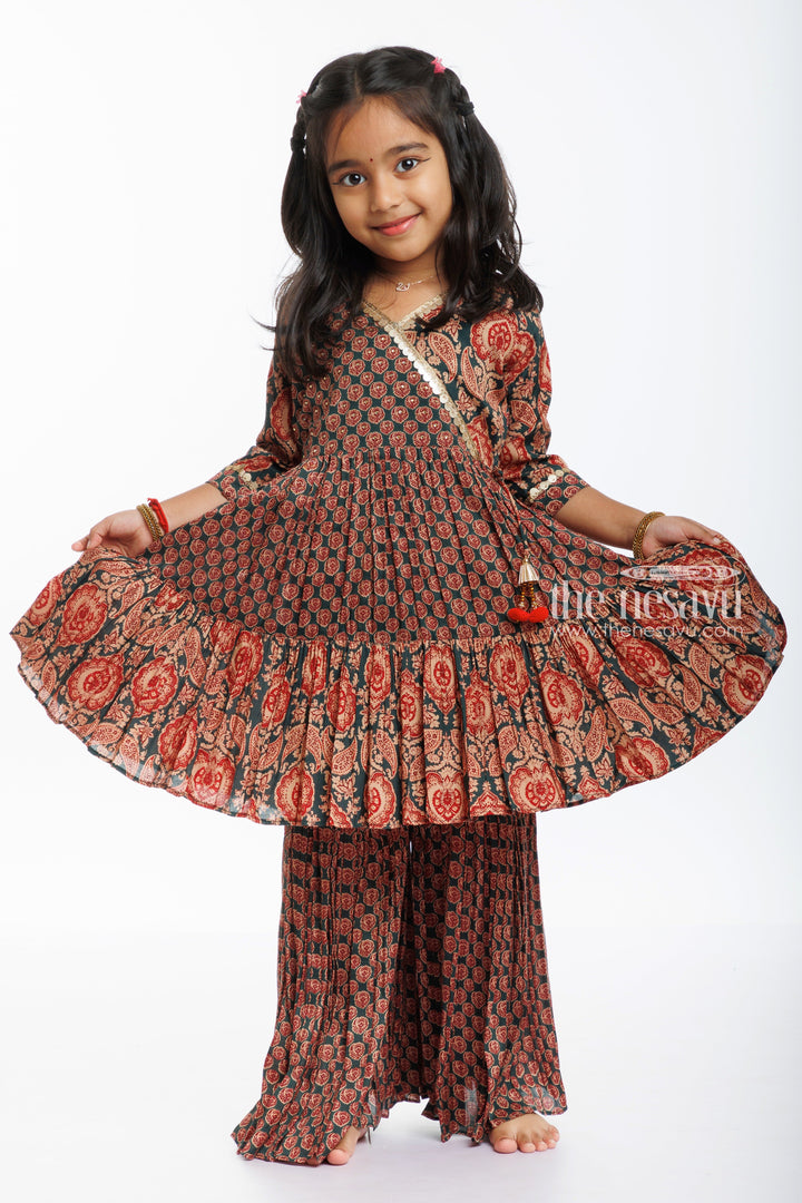 The Nesavu Girls Sharara / Plazo Set Bohemian Chic: Floral Flared Kurti with Contrast Gharara Set Nesavu 16 (1Y) / Green / Modal Chanderi GPS294B-16 Shop the Latest Floral Kurti and Gharara Set for Girls | Perfect Festive Wear | The Nesavu