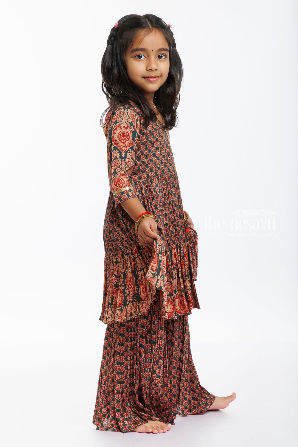 The Nesavu Girls Sharara / Plazo Set Bohemian Chic: Floral Flared Kurti with Contrast Gharara Set Nesavu Shop the Latest Floral Kurti and Gharara Set for Girls | Perfect Festive Wear | The Nesavu