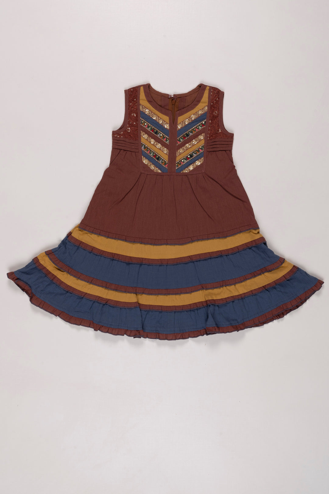 The Nesavu Girls Cotton Frock Bohemian Elegance Tiered Cotton Dress for Girls Nesavu 22 (4Y) / Brown / Cotton GFC1246A-22 Girls Lightweight Summer Cotton Dresses | Ethnic Tiered Frock | The Nesavu