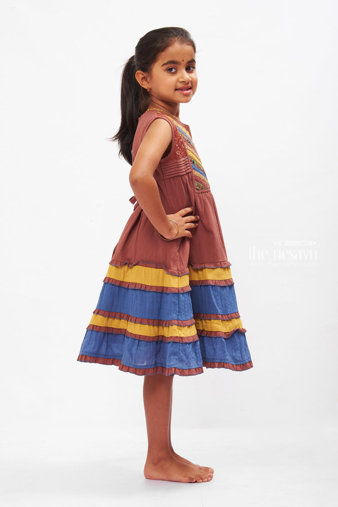 The Nesavu Girls Cotton Frock Bohemian Elegance Tiered Cotton Dress for Girls Nesavu Girls Lightweight Summer Cotton Dresses | Ethnic Tiered Frock | The Nesavu