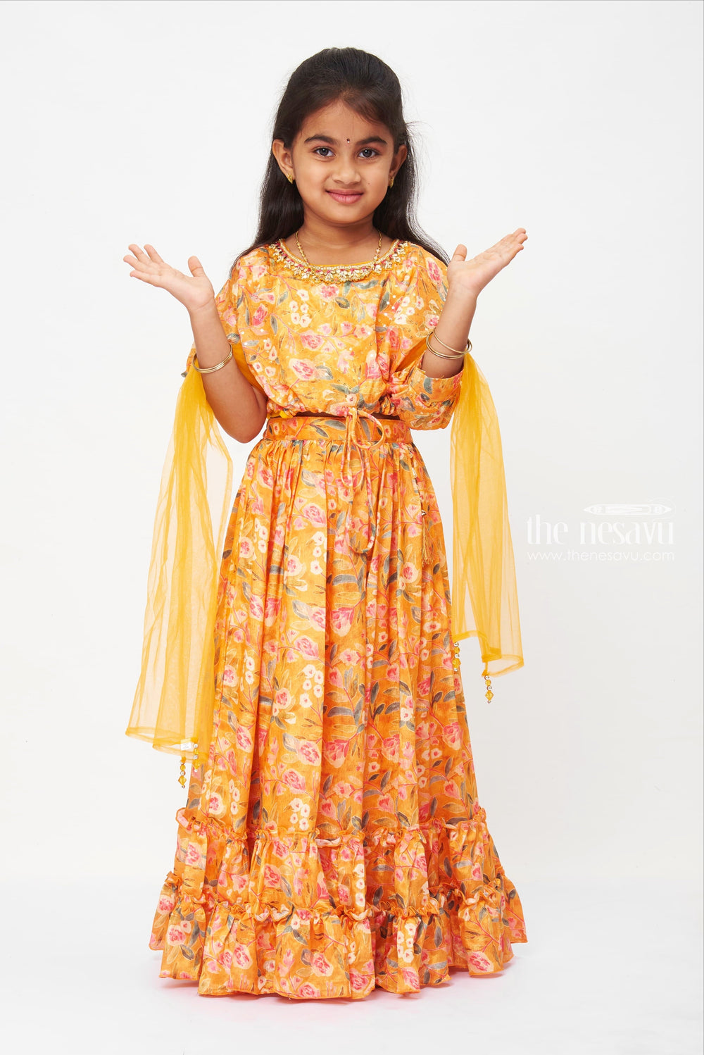 The Nesavu Girls Lehenga Choli Bohemian Floral Ruffled Maxi Lehenga Choli for Girls Nesavu Mustard Floral dress | Lehenga Choli for Girls| The Nesavu