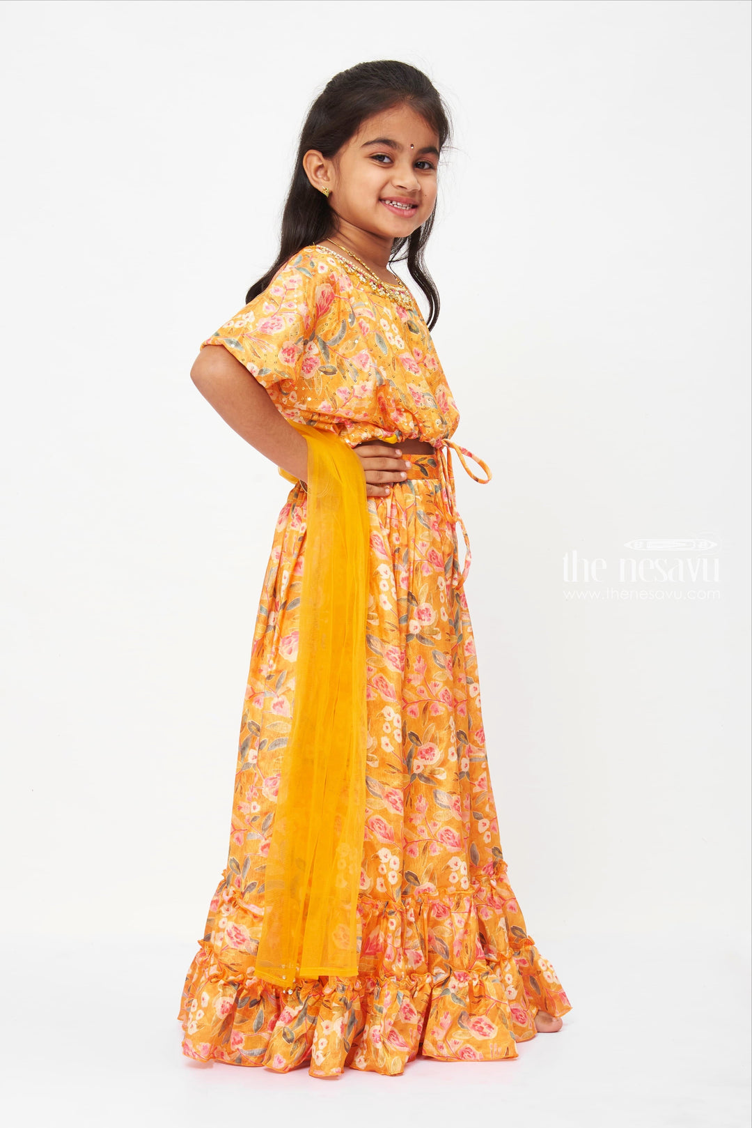 The Nesavu Girls Lehenga Choli Bohemian Floral Ruffled Maxi Lehenga Choli for Girls Nesavu Mustard Floral dress | Lehenga Choli for Girls| The Nesavu