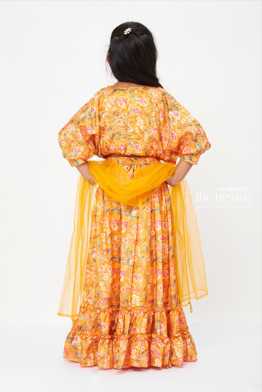 The Nesavu Girls Lehenga Choli Bohemian Floral Ruffled Maxi Lehenga Choli for Girls Nesavu Mustard Floral dress | Lehenga Choli for Girls| The Nesavu