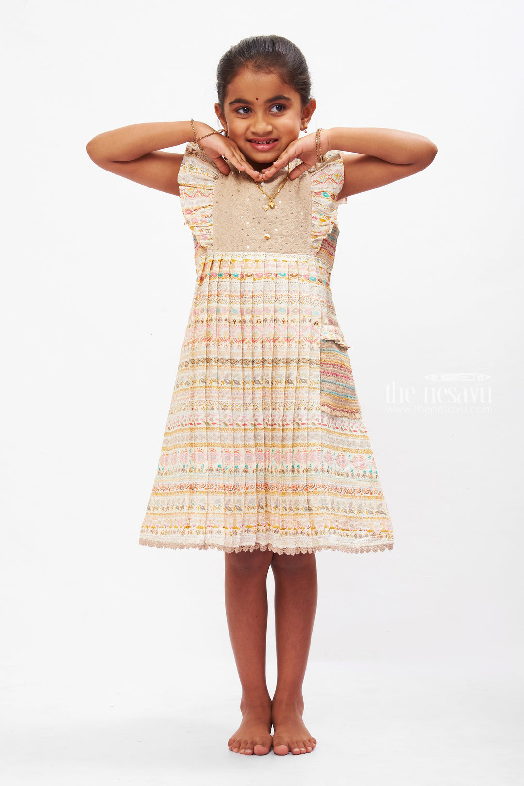 The Nesavu Girls Cotton Frock Bohemian Rhapsody: Girls Multi-Print Cotton Frock with Delicate Embellishments Nesavu Boho Chic Kids Cotton Summer Dresses | Girls Eclectic Printed Frock | The Nesavu