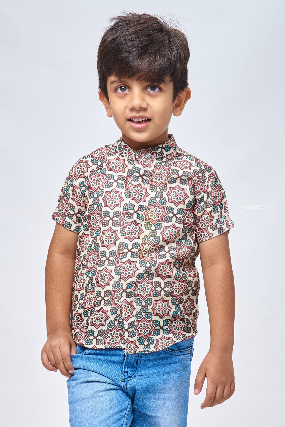 The Nesavu Boys Linen Shirt Boho Chic: Ajrakh Hand Block Print Boys' Shirt for Bohemian Fashion Enthusiasts Nesavu 14 (6M) / multicolor / Linen BS058-14 Ajrakh Hand Block Prined Shirt | Boy Baby shirts | The Nesavu