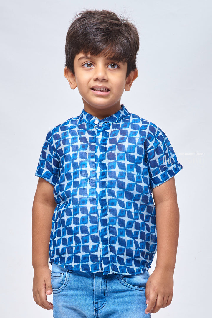 The Nesavu Boys Linen Shirt Boho Chic in Indigo: Linen Boys' Shirt with Artistic Prints for a Free-Spirited Style Nesavu 14 (6M) / Blue / Linen BS053-14 Linen Boys Shirt with Artistic Prints | Boys Premium Shirt | The Nesavu