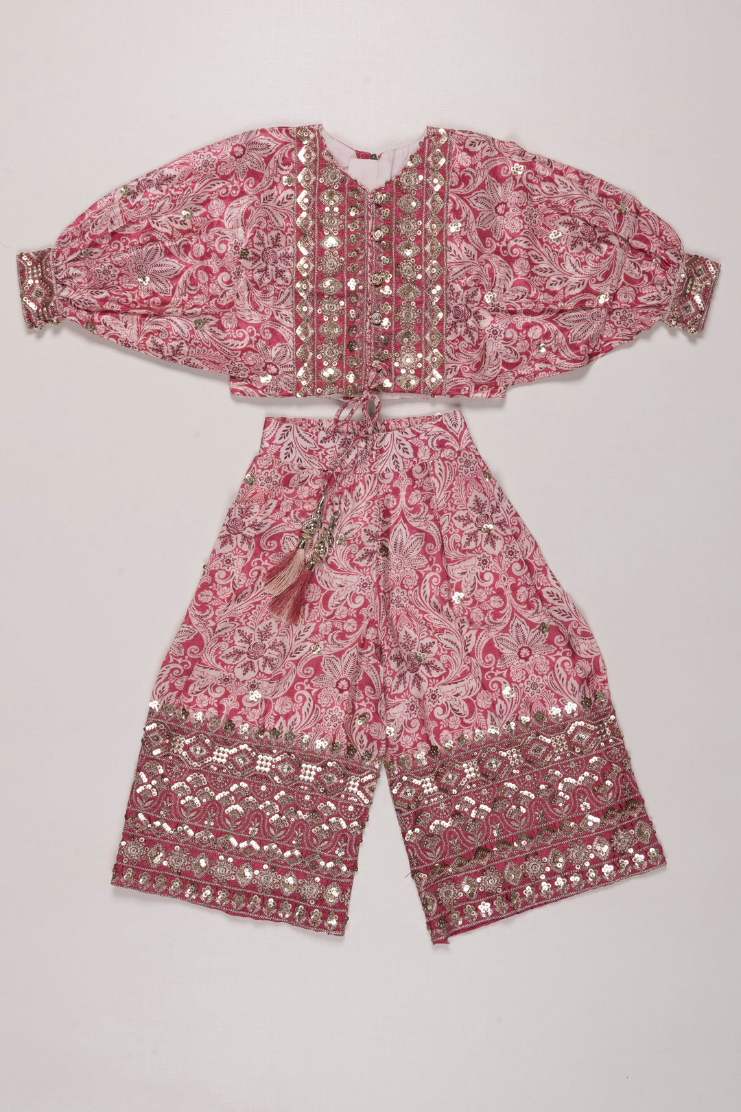 The Nesavu Girls Sharara / Plazo Set Boho Chic Printed Palazzo Set with Elegant Tassel Detail for Girls Nesavu 18 (2Y) / Pink GPS253A-18 Girls Boho Printed Palazzo and Top Set Online | Trendy Kids Casual Wear | The Nesavu