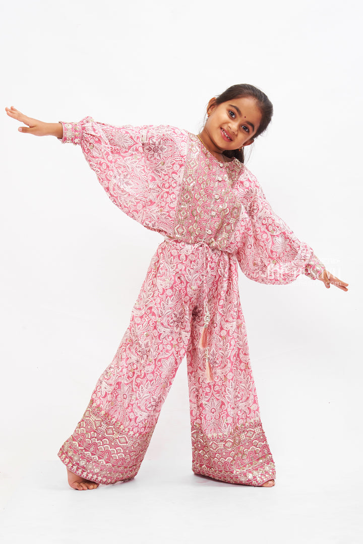 The Nesavu Girls Sharara / Plazo Set Boho Chic Printed Palazzo Set with Elegant Tassel Detail for Girls Nesavu 18 (2Y) / Pink GPS253A-18 Girls Boho Printed Palazzo and Top Set Online | Trendy Kids Casual Wear | The Nesavu