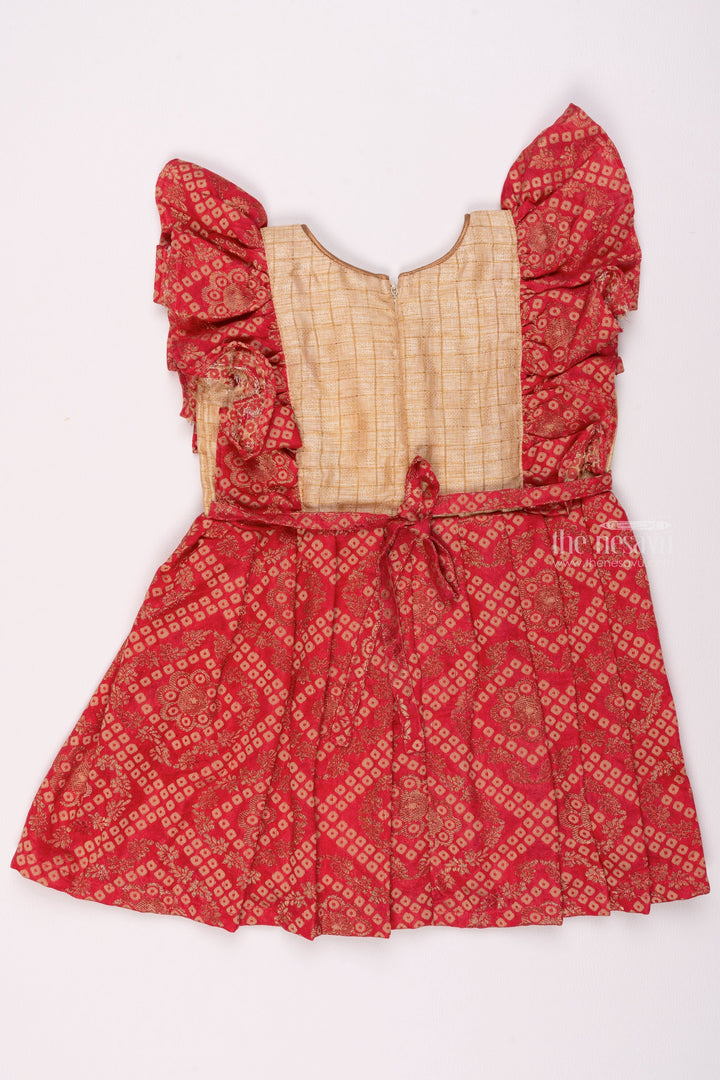 The Nesavu Silk Frock Bold Red Bandhani Artistry Pleated to Perfection with Beige Checkered Yoke Traditional Flair for Young Fashionistas Nesavu Traditional Elegance Redefined | Silk and Pattu Frocks for Girls | The Nesavu