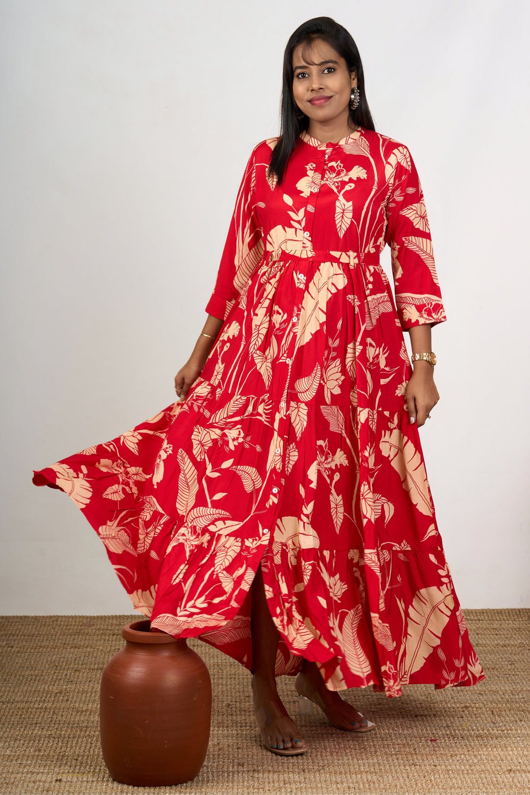 The Nesavu Womens Straight Suit Sets Bold Red Women’S Dresses in Modal with Statement Floral Patterns Nesavu Nesavu Red Womens Dresses Modal Bold Floral Design