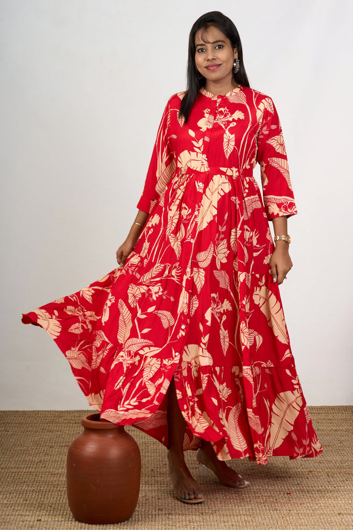 The Nesavu Womens Straight Suit Sets Bold Red Women’S Dresses in Modal with Statement Floral Patterns Nesavu Nesavu Red Womens Dresses Modal Bold Floral Design