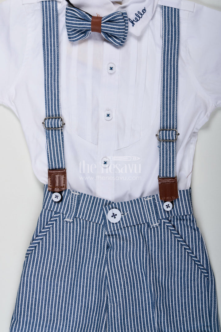 The Nesavu Boys Casual Set Bow Tie Shirt Set for Boys with White Pintuck Cotton Shirt Striped Shorts Matching Belt and Cap Nesavu Nesavu Bow Tie Shirt Boys Set with White Pintuck Shirt Striped Shorts Cap and Cotton Fabric Belt