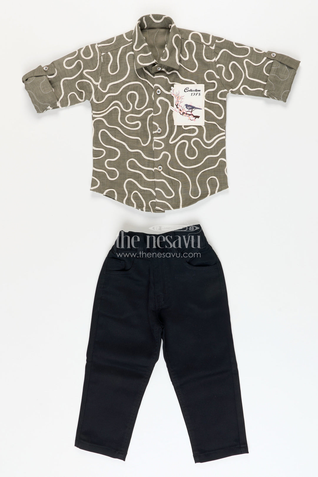 The Nesavu Boys Casual Set Boys Abstract Print Cotton Shirt Set with Trousers Comfy Everyday Fashion Nesavu Nesavu boys cotton shirt pants abstract embroidery  casual daily wear