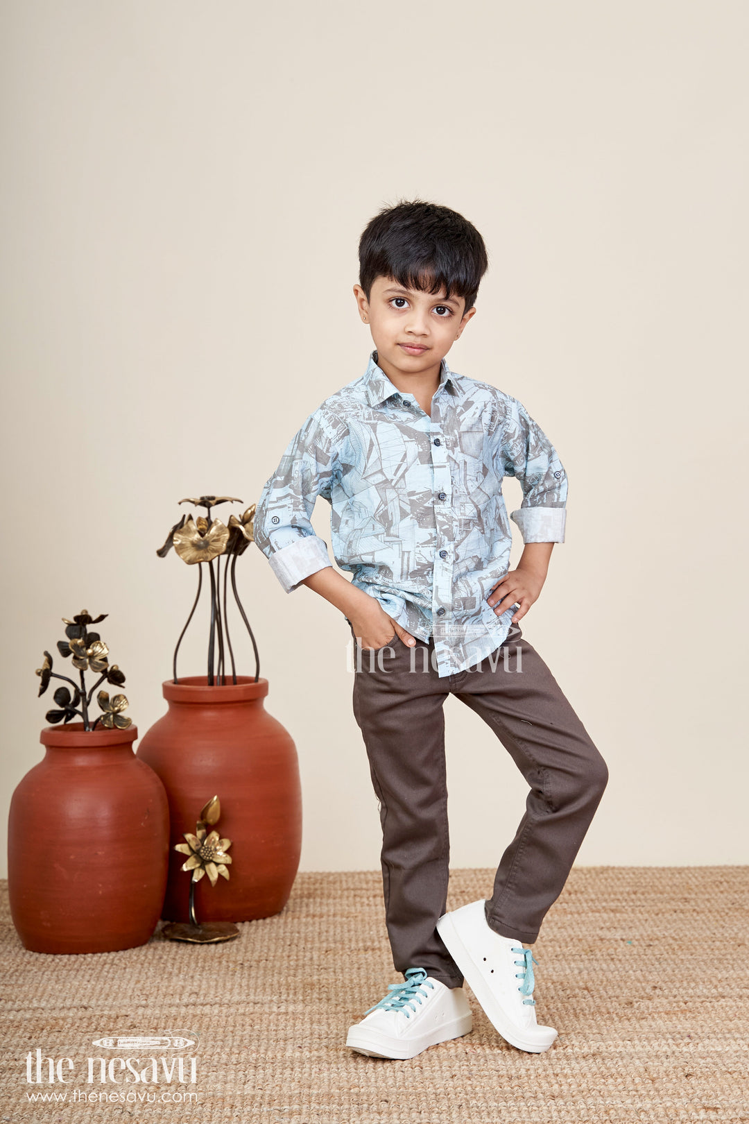 The Nesavu Boys Casual Set Boys abstract printed cotton shirt and pant set for casual wear Nesavu 16 (1Y) / Brown BCS397A-16 Nesavu boys cotton casual set with abstract print shirt and solid pants ideal for parties and outings