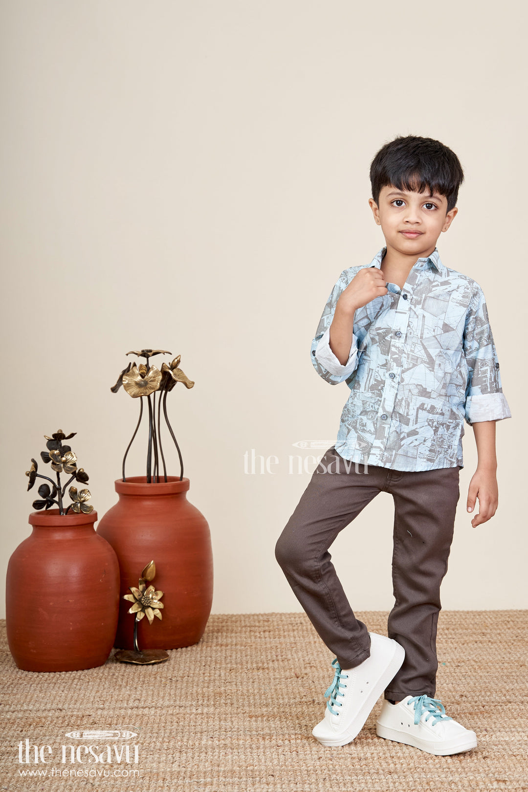 The Nesavu Boys Casual Set Boys abstract printed cotton shirt and pant set for casual wear Nesavu Nesavu boys cotton casual set with abstract print shirt and solid pants ideal for parties and outings