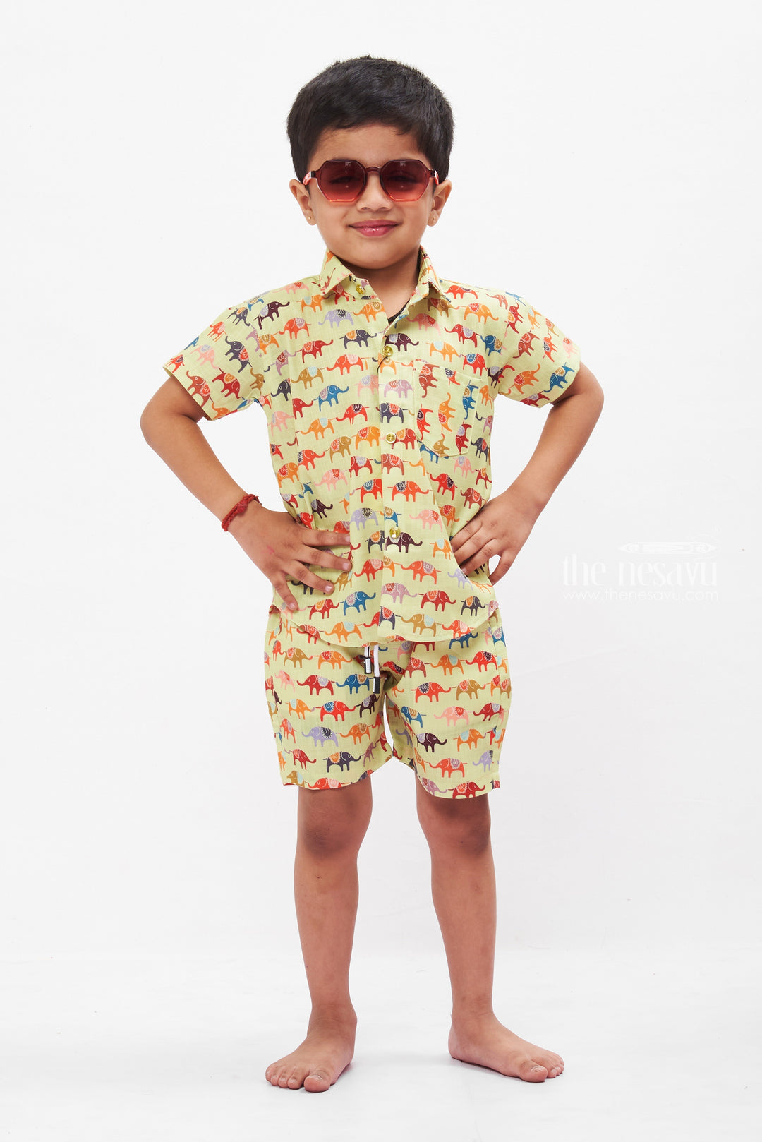 The Nesavu Boys Casual Set Boys Adventure Co-ord Set: Playful Elephant Parade Print Shirt and Shorts Nesavu 16 (1Y) / Green BCS006B-16 Boys Elephant Print Shirt & Shorts Set | Comfortable Casual Kids Wear | The Nesavu