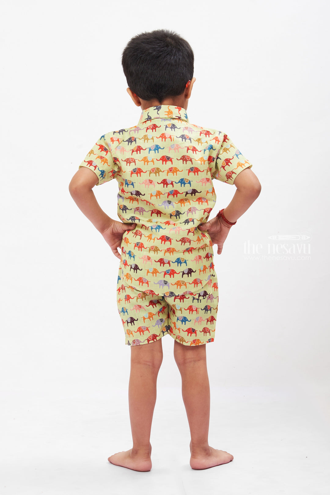 The Nesavu Boys Casual Set Boys Adventure Co-ord Set: Playful Elephant Parade Print Shirt and Shorts Nesavu Boys Elephant Print Shirt & Shorts Set | Comfortable Casual Kids Wear | The Nesavu