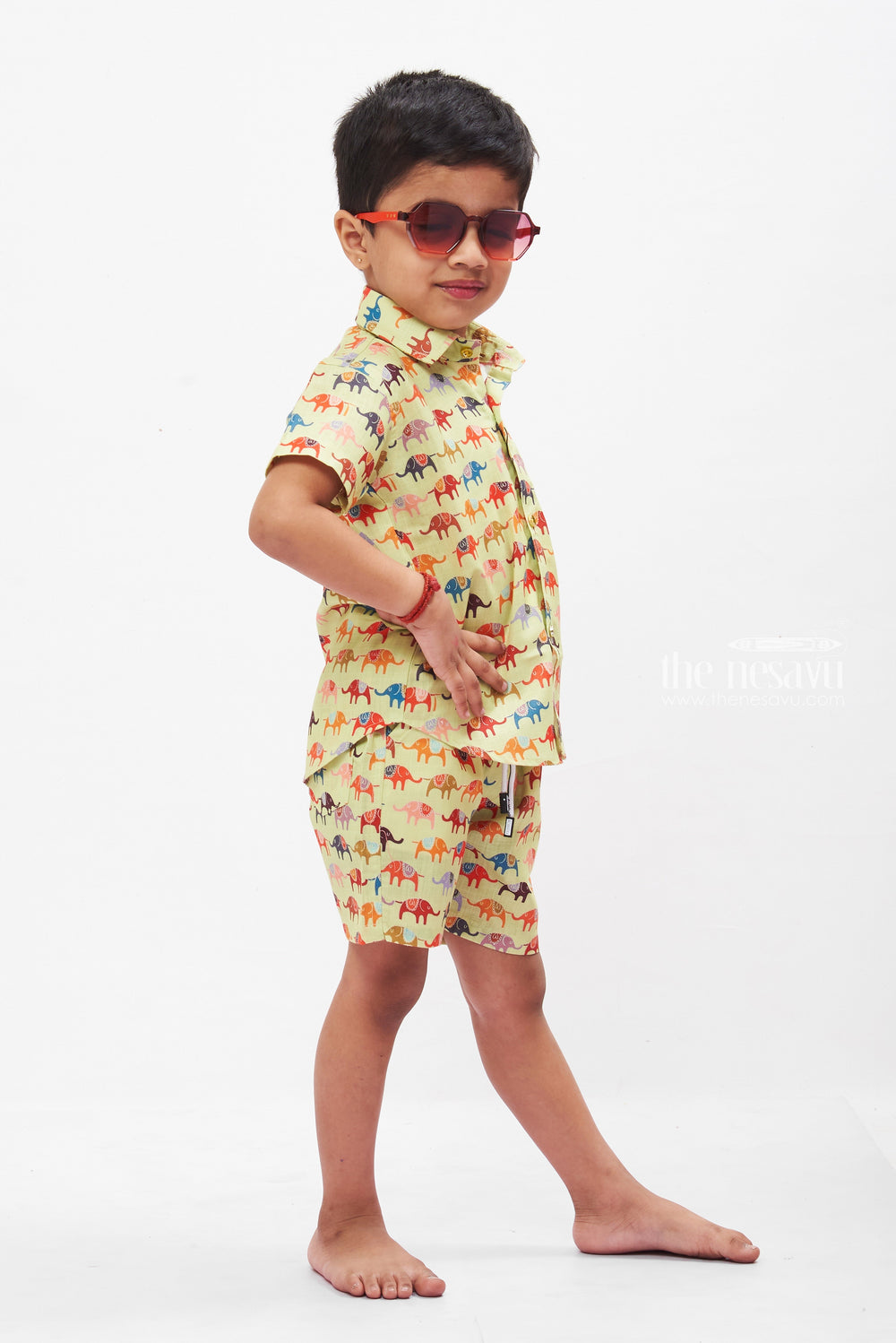 The Nesavu Boys Casual Set Boys Adventure Co-ord Set: Playful Elephant Parade Print Shirt and Shorts Nesavu Boys Elephant Print Shirt & Shorts Set | Comfortable Casual Kids Wear | The Nesavu