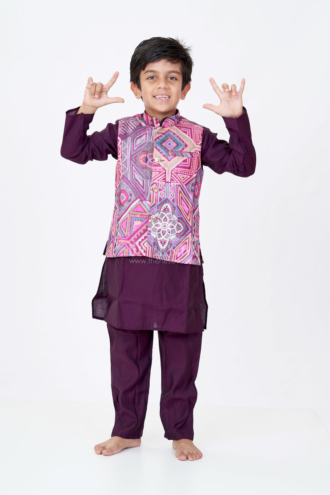 The Nesavu Boys Kurtha Set Boys All Black Kurta Pajama Set with Multicolor Digital Printed Jacket for a Striking Festive Look Nesavu 16 (1Y) / Purple BES674A-16 Nesavu Boys All Black Kurta Pajama Set Silk Blend Multicolor Digital Printed Nehru Jacket