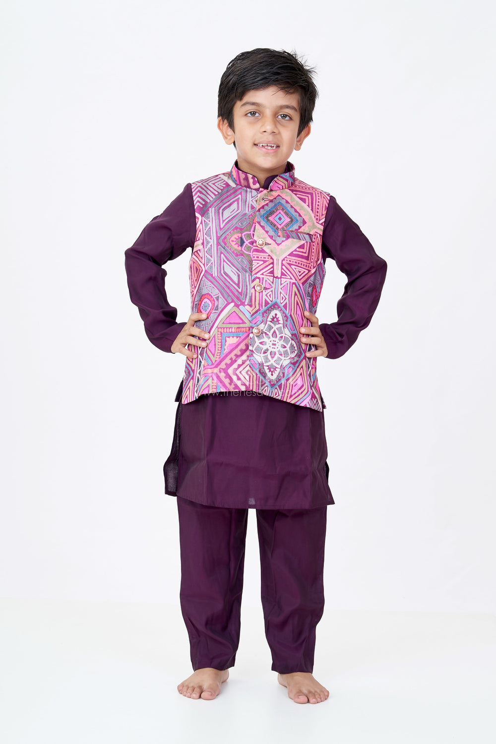 The Nesavu Boys Kurtha Set Boys All Black Kurta Pajama Set with Multicolor Digital Printed Jacket for a Striking Festive Look Nesavu Nesavu Boys All Black Kurta Pajama Set Silk Blend Multicolor Digital Printed Nehru Jacket