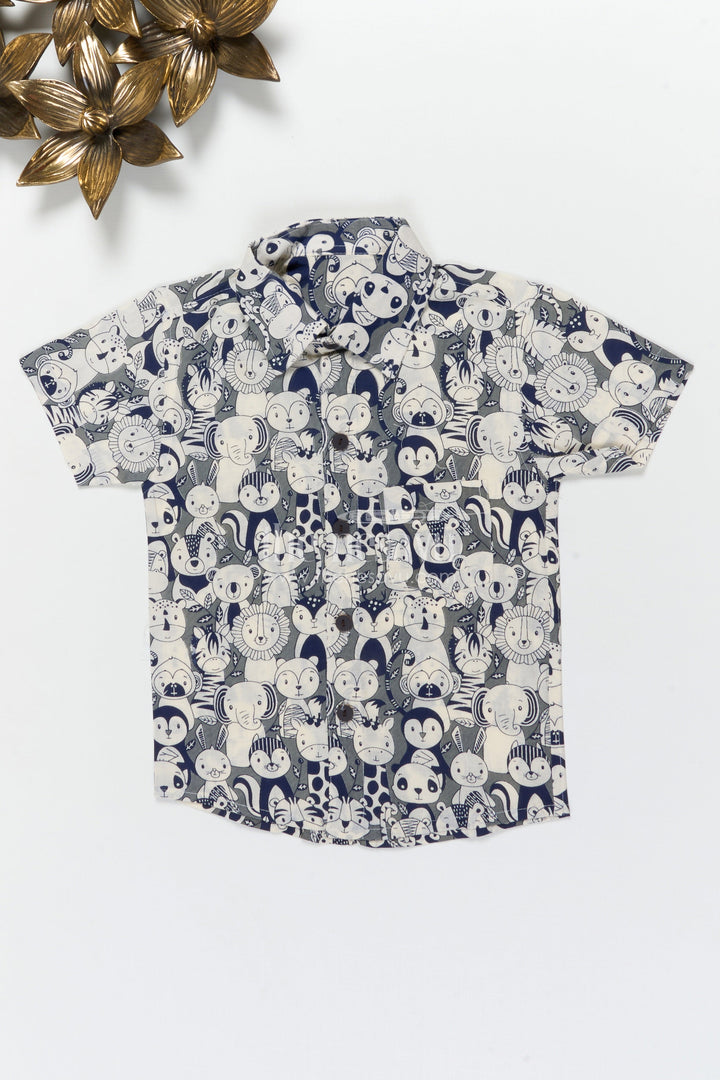 The Nesavu Boys Cotton Shirt Boys Animal Face Print Shirt for School Fun Days and Playdates Nesavu 20 (3Y) / Black / Cotton BS388B-20 Nesavu boys cotton shirt with animal face print for playdates, school and everyday fun