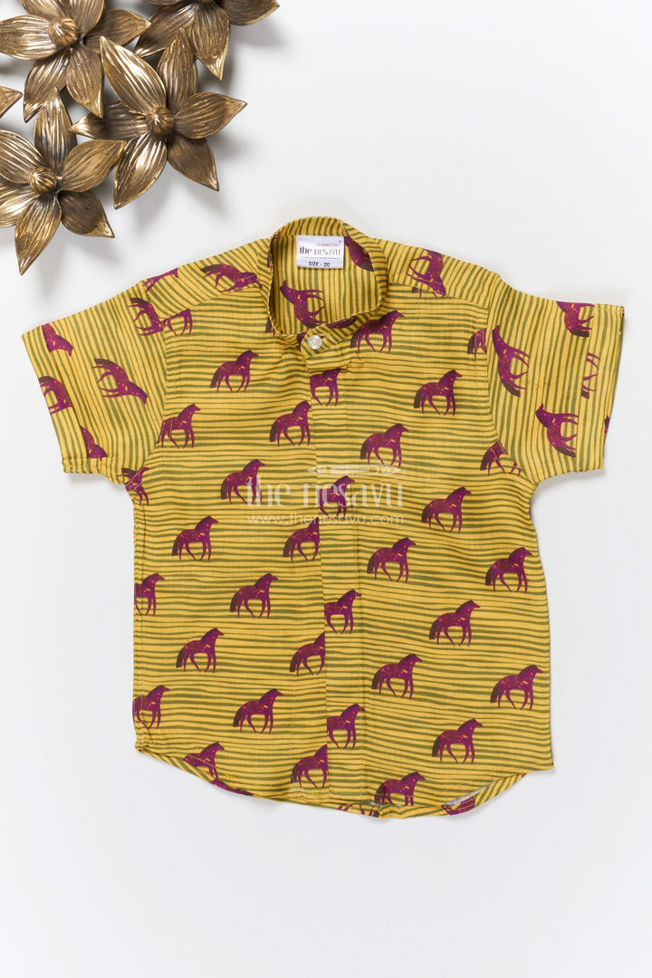 The Nesavu Boys Linen Shirt Boys Animal Motif Linen Shirt for Casual Adventures and Outdoor Fun Nesavu 16 (1Y) / Yellow BS366A-16 Nesavu boys animal print linen shirt zoo trips casual playdates nature-inspired dressing