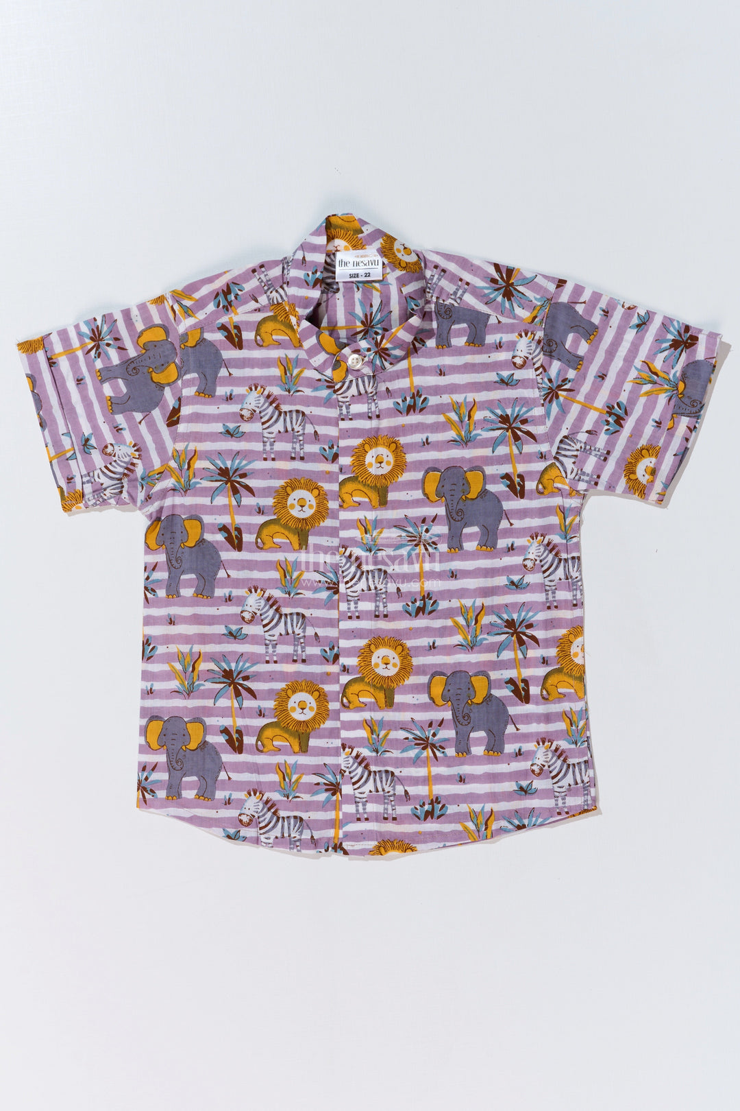The Nesavu Boys Cotton Shirt Boys Animal Print Casual Dress Shirt in Cotton Block Print with Safari-Inspired Design Nesavu 16 (1Y) / Purple BS241A-16 Nesavu Boys Animal Print Casual Dress Shirt Cotton Block Print Safari Theme