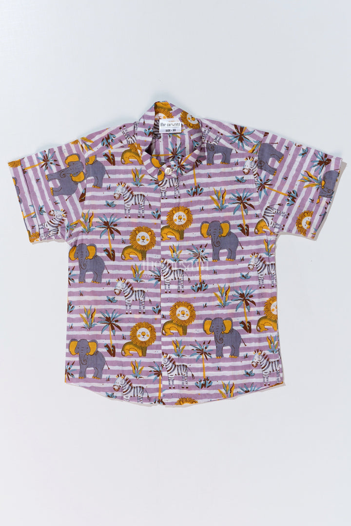 The Nesavu Boys Cotton Shirt Boys Animal Print Casual Dress Shirt in Cotton Block Print with Safari-Inspired Design Nesavu 16 (1Y) / Purple BS241A-16 Nesavu Boys Animal Print Casual Dress Shirt Cotton Block Print Safari Theme