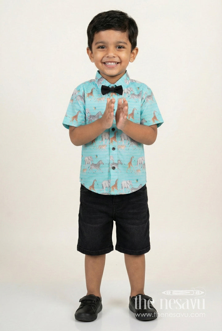 The Nesavu Boys Casual Set Boys Animal Print Casual Set for Birthdays and Everyday Wear Nesavu 14 (6M) / Blue BCS392AB-14 Nesavu boys birthday outfit animal print shirt comfy shorts casual celebrations