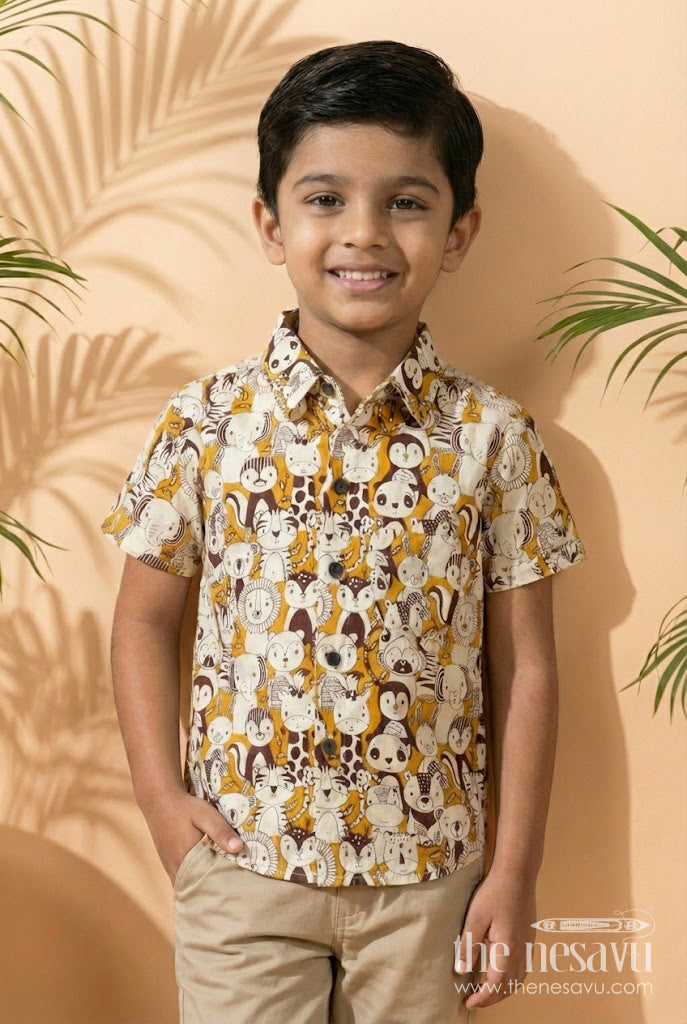The Nesavu Boys Cotton Shirt Boys Animal Print Cotton Shirt for School and Casual Wear Nesavu 20 (3Y) / Cream / Cotton BS388A-20 Nesavu boys cotton shirt with animal face print for school and weekend fun