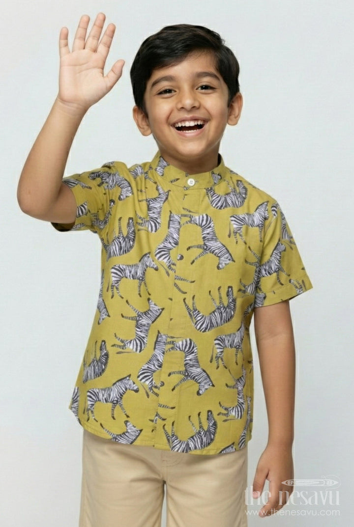 The Nesavu Boys Linen Shirt Boys Animal Print Linen Shirt for Playdates and Park Days Nesavu 16 (1Y) / Multicolor BS377A-16 Nesavu boys linen blend shirt with zebra print for casual summer and school days
