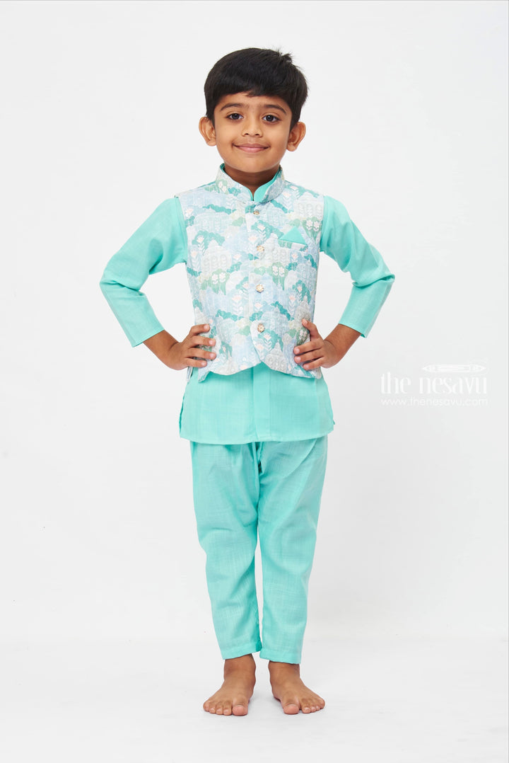 The Nesavu Boys Jacket Sets Boys Aqua Blue Traditional Print Kurta Set with Matching Pant Nesavu 10 (NB) / Blue / Silk Blend BES459A-10 Elegant Print Kurta for boys | Kids' Traditional Festival Clothing | The Nesavu