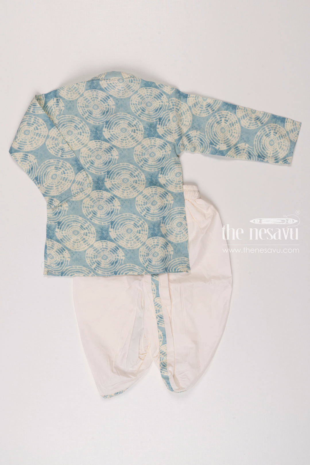 The Nesavu Boys Dothi Set Boys Aqua Circle Print Kurta with Cream Dhoti Set Nesavu Boys Aqua Print Kurta Cream Dhoti Set | Casual Festive Wear for Kids | The Nesavu