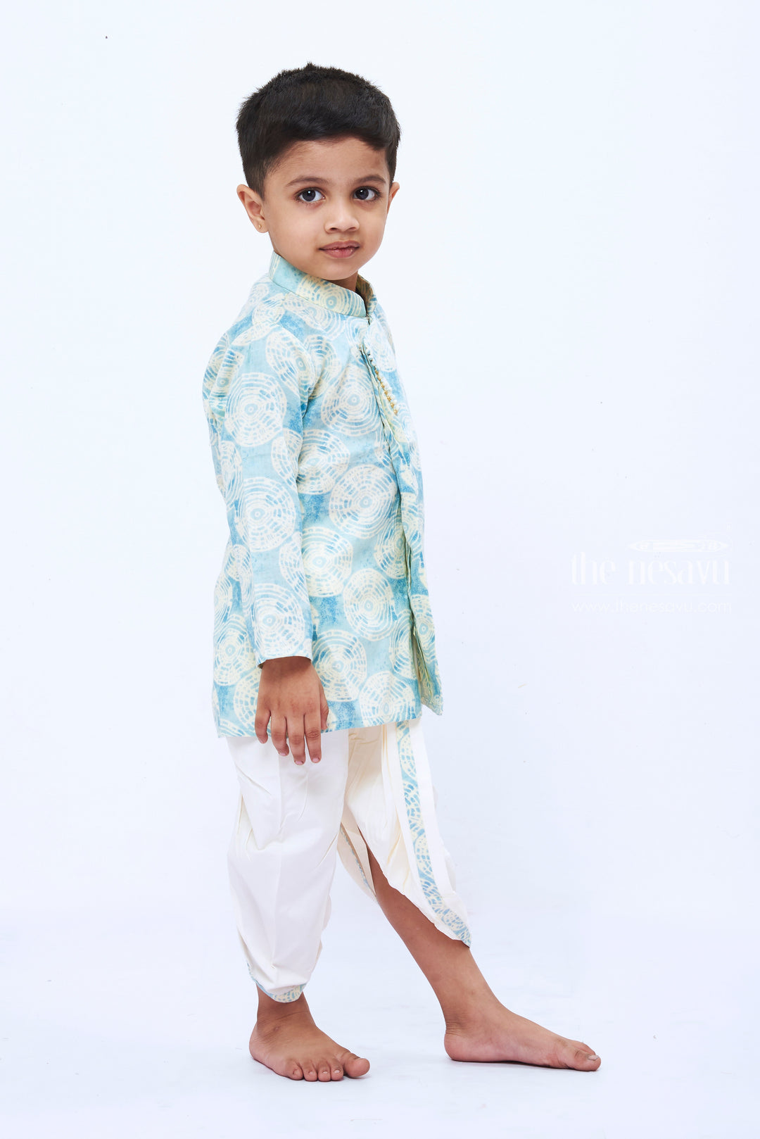 The Nesavu Boys Dothi Set Boys Aqua Circle Print Kurta with Cream Dhoti Set Nesavu Boys Aqua Print Kurta Cream Dhoti Set | Casual Festive Wear for Kids | The Nesavu