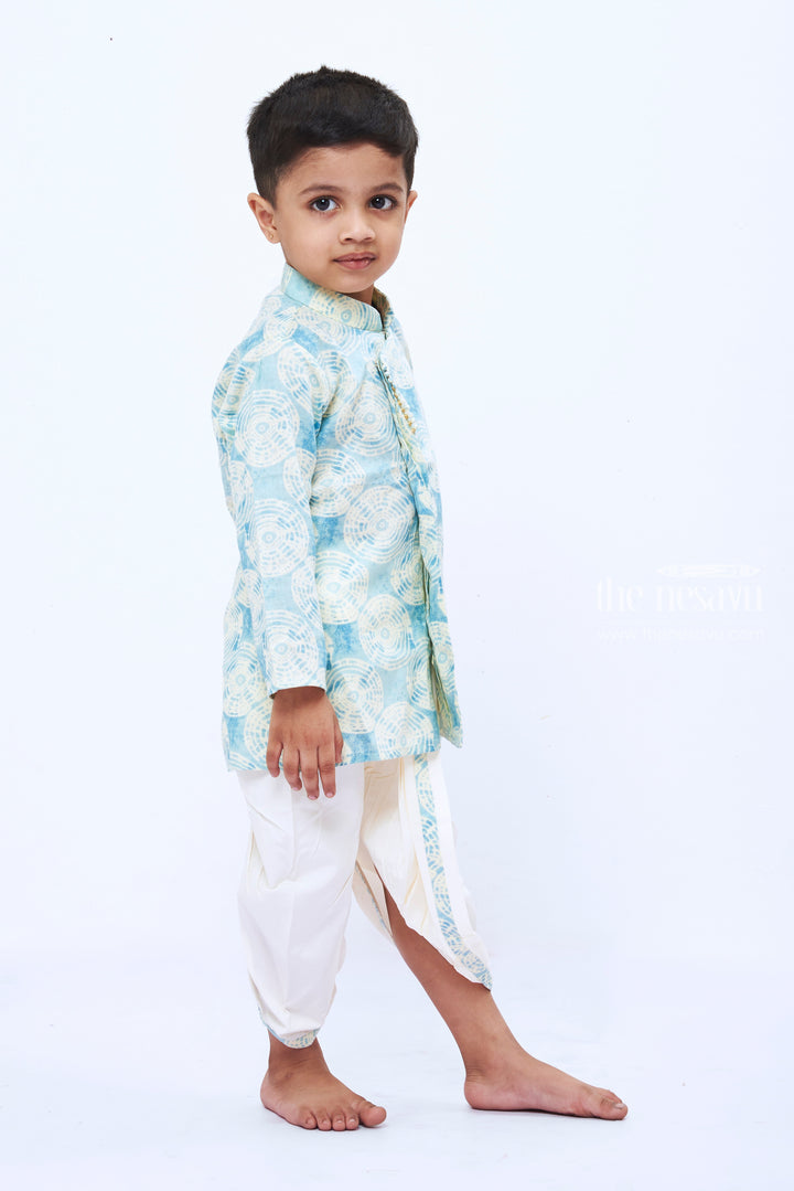 The Nesavu Boys Dothi Set Boys Aqua Circle Print Kurta with Cream Dhoti Set Nesavu Boys Aqua Print Kurta Cream Dhoti Set | Casual Festive Wear for Kids | The Nesavu