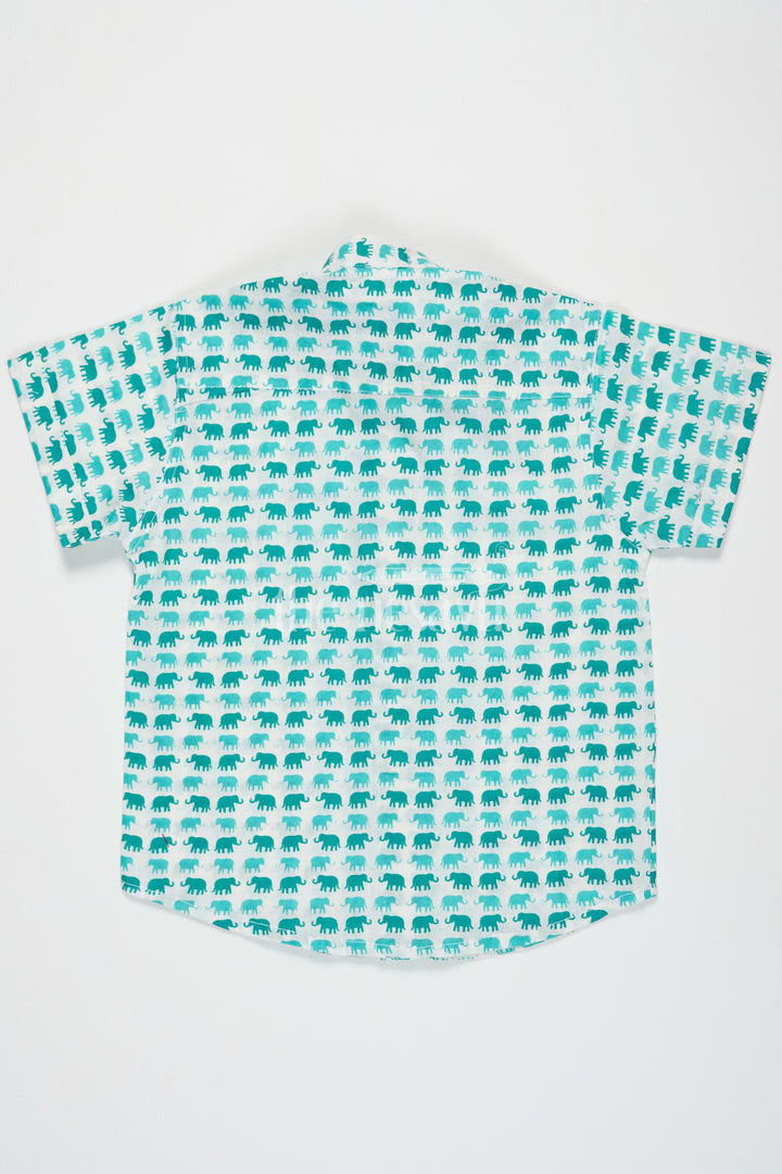 The Nesavu Boys Cotton Shirt Boys Aqua Green Cotton Shirt with Elephant Print and Mandarin Collar for Outdoor Adventures Nesavu Nesavu Boys Aqua Green Cotton Shirt Fun Elephant Print Playful Summer Outings