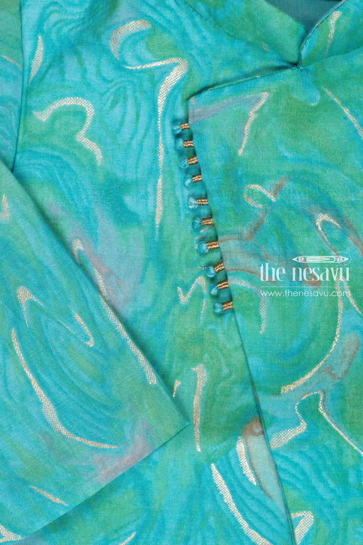 The Nesavu Boys Dothi Set Boys Aquatic Blue Swirl Pattern Kurta with Matching Dhoti Set Nesavu Boys Vibrant Blue and Green Kurta Dhoti Set | Festive and Fun Children s Attire | The Nesavu