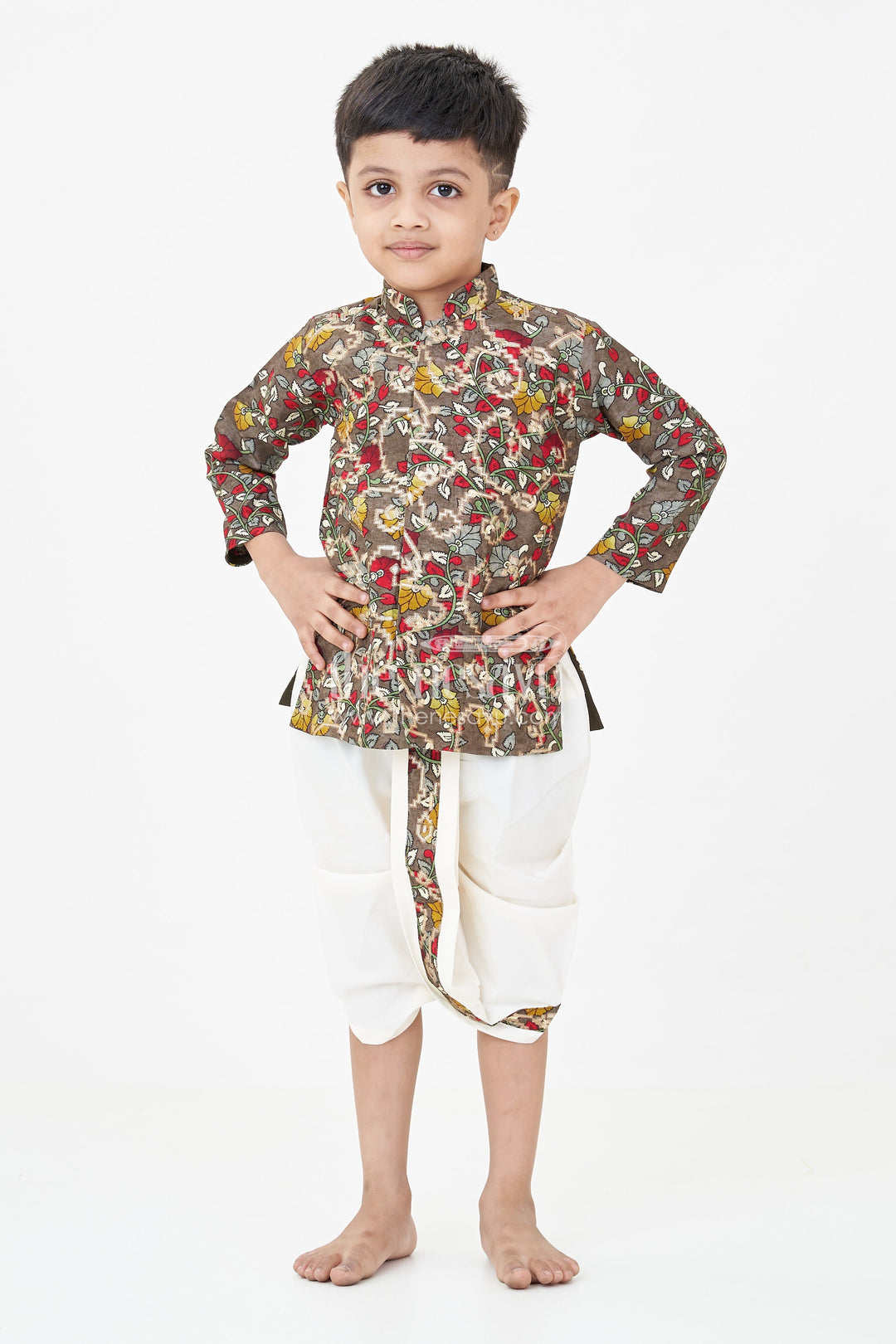 The Nesavu Boys Dothi Set Boys Bacchon Ka Dhoti Set in Silk Jacquard with Multicolor Floral Print Kurta and Ivory Contrast Bottom Nesavu 10 (NB) / Green BES713B-10 Boys Bacchon Ka Dhoti Set Floral Silk Kurta Ivory Dhoti Ethnic Celebrations | The Nesavu