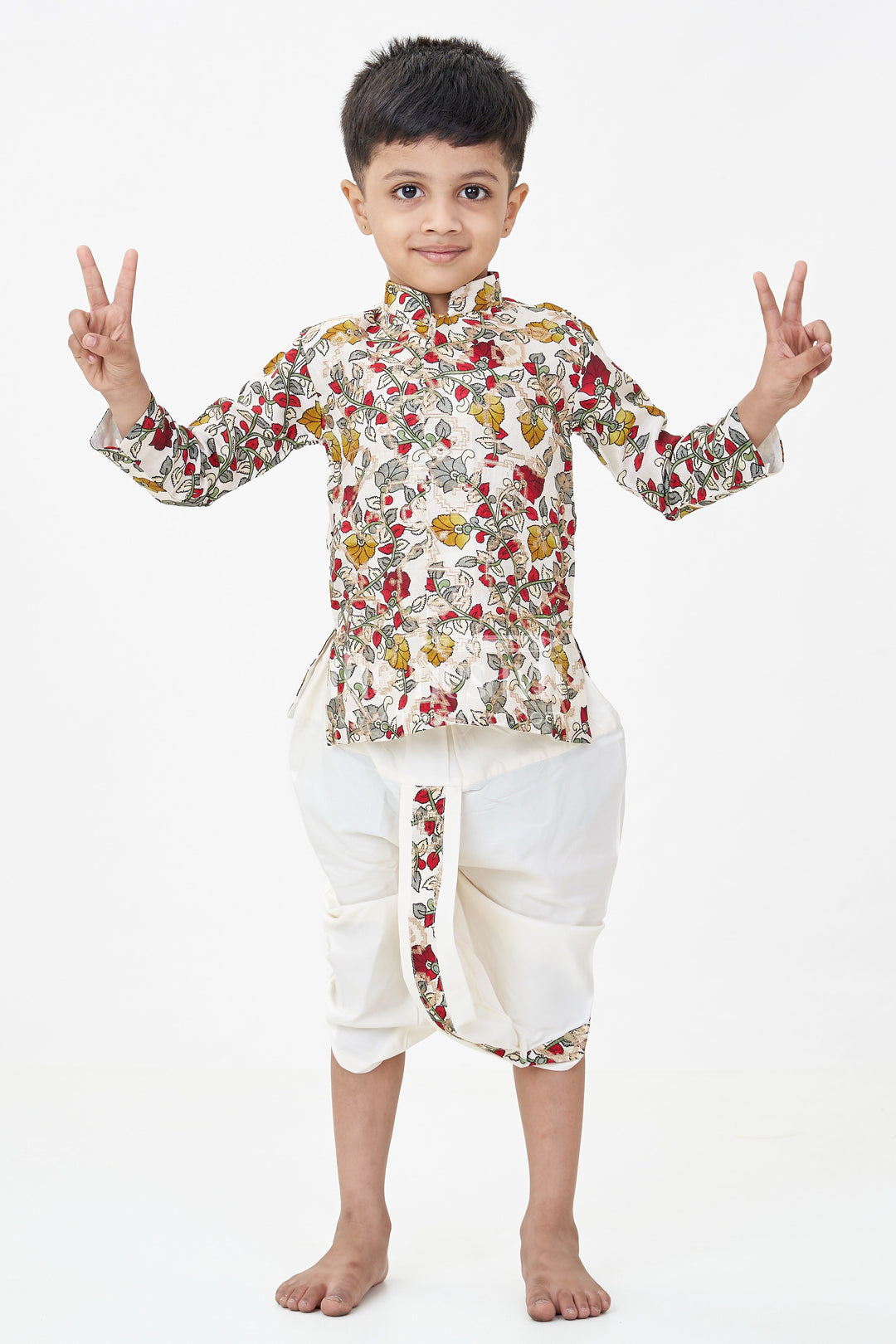 The Nesavu Boys Dothi Set Boys Bacchon Ke Dhoti Set with Printed Silk Jacquard Kurta and Ivory Dhoti for Festive Looks Nesavu 10 (NB) / Cream BES713A-10 Boys Bacchon Ke Dhoti Set Floral Jacquard Kurta Ivory Dhoti Silk Blend | The Nesavu