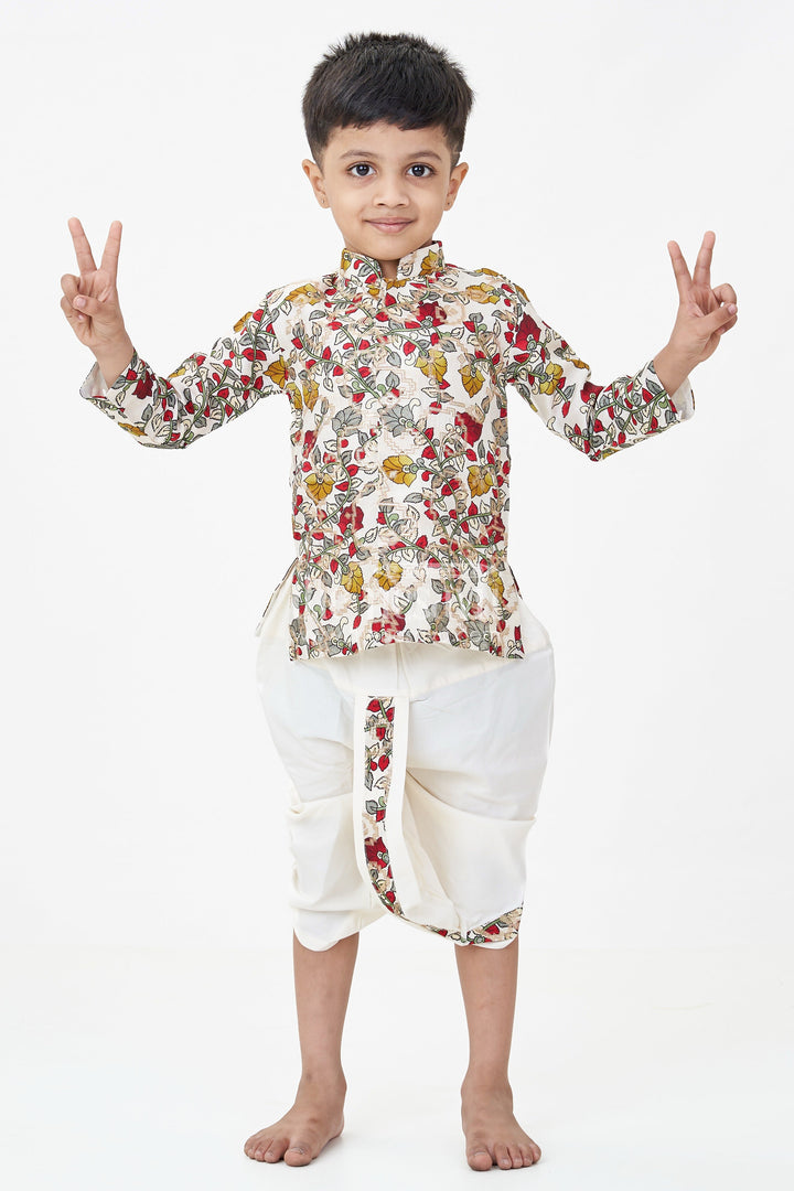 The Nesavu Boys Dothi Set Boys Bacchon Ke Dhoti Set with Printed Silk Jacquard Kurta and Ivory Dhoti for Festive Looks Nesavu 10 (NB) / Cream BES713A-10 Boys Bacchon Ke Dhoti Set Floral Jacquard Kurta Ivory Dhoti Silk Blend | The Nesavu
