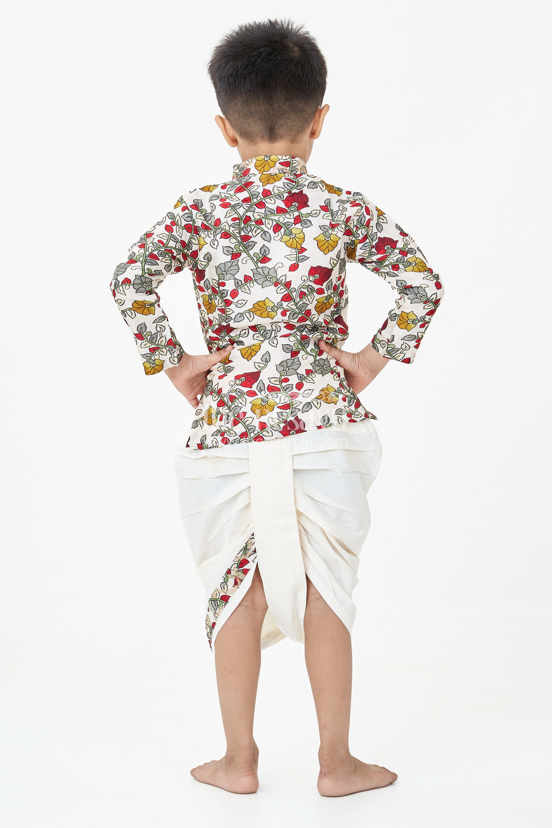 The Nesavu Boys Dothi Set Boys Bacchon Ke Dhoti Set with Printed Silk Jacquard Kurta and Ivory Dhoti for Festive Looks Nesavu Boys Bacchon Ke Dhoti Set Floral Jacquard Kurta Ivory Dhoti Silk Blend | The Nesavu