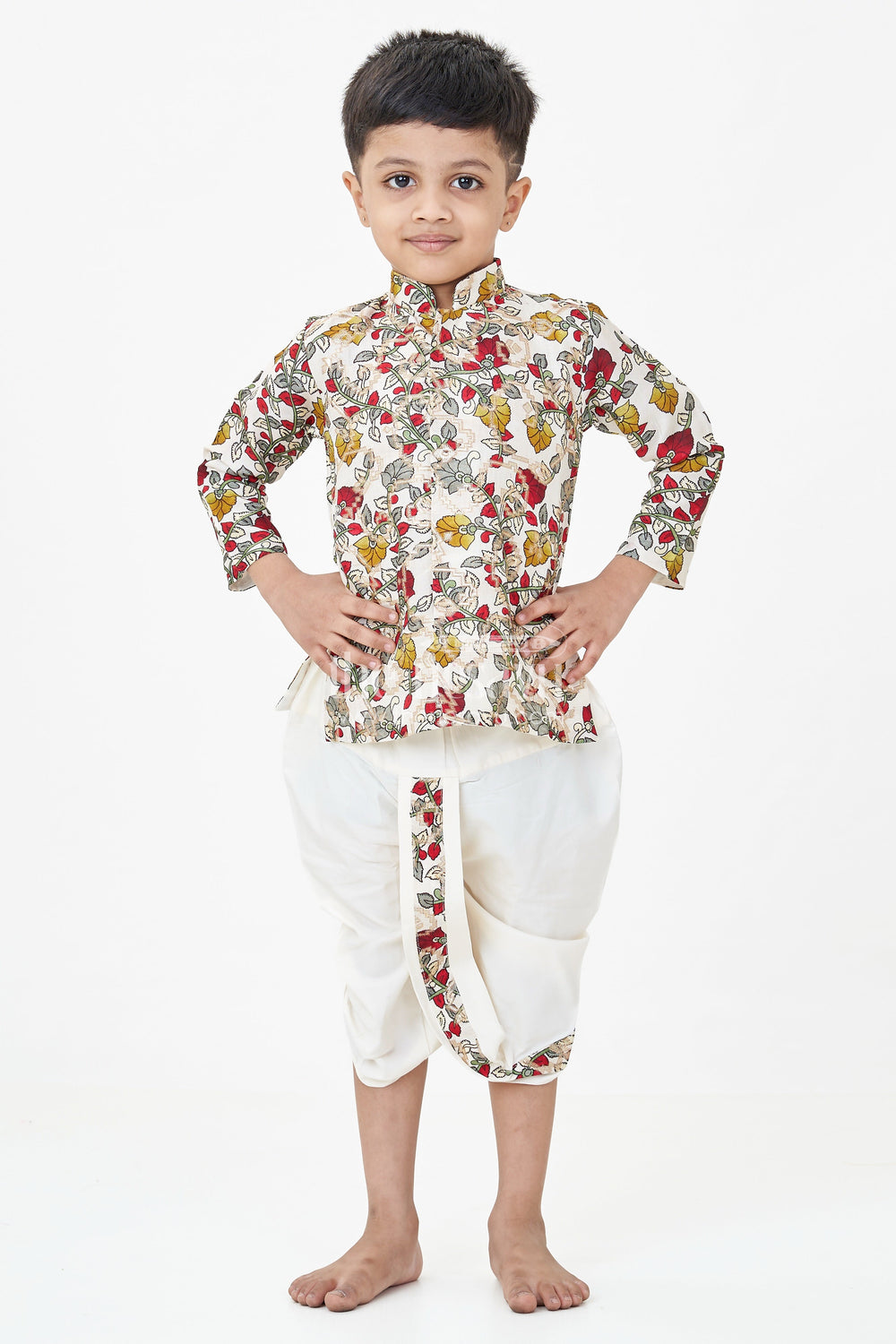 The Nesavu Boys Dothi Set Boys Bacchon Ke Dhoti Set with Printed Silk Jacquard Kurta and Ivory Dhoti for Festive Looks Nesavu Boys Bacchon Ke Dhoti Set Floral Jacquard Kurta Ivory Dhoti Silk Blend | The Nesavu