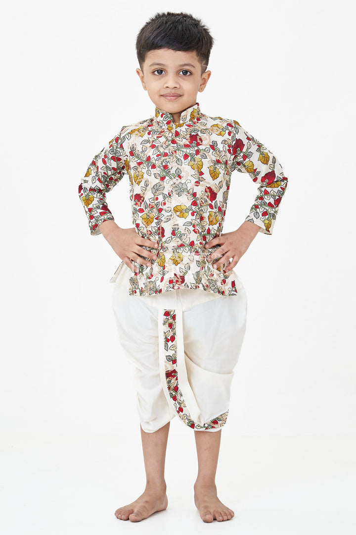 The Nesavu Boys Dothi Set Boys Bacchon Ke Dhoti Set with Printed Silk Jacquard Kurta and Ivory Dhoti for Festive Looks Nesavu Boys Bacchon Ke Dhoti Set Floral Jacquard Kurta Ivory Dhoti Silk Blend | The Nesavu