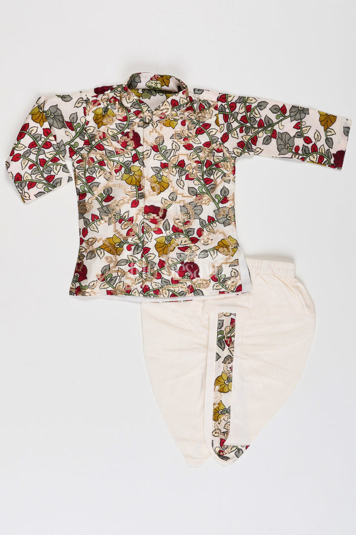 The Nesavu Boys Dothi Set Boys Bacchon Ke Dhoti Set with Printed Silk Jacquard Kurta and Ivory Dhoti for Festive Looks Nesavu Boys Bacchon Ke Dhoti Set Floral Jacquard Kurta Ivory Dhoti Silk Blend | The Nesavu